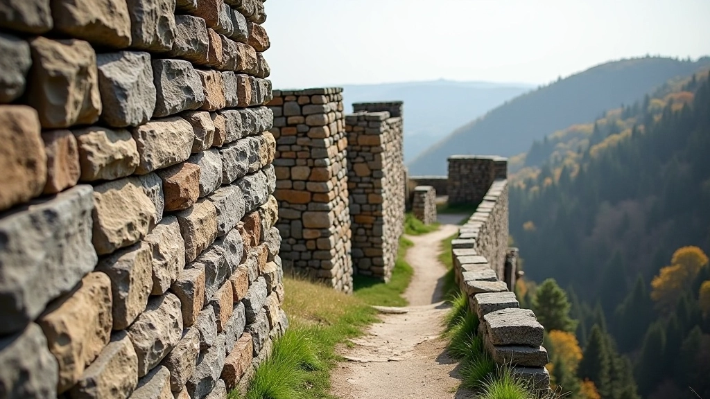 Ancient stone castle wall with weathered surfaces and carved details visible
