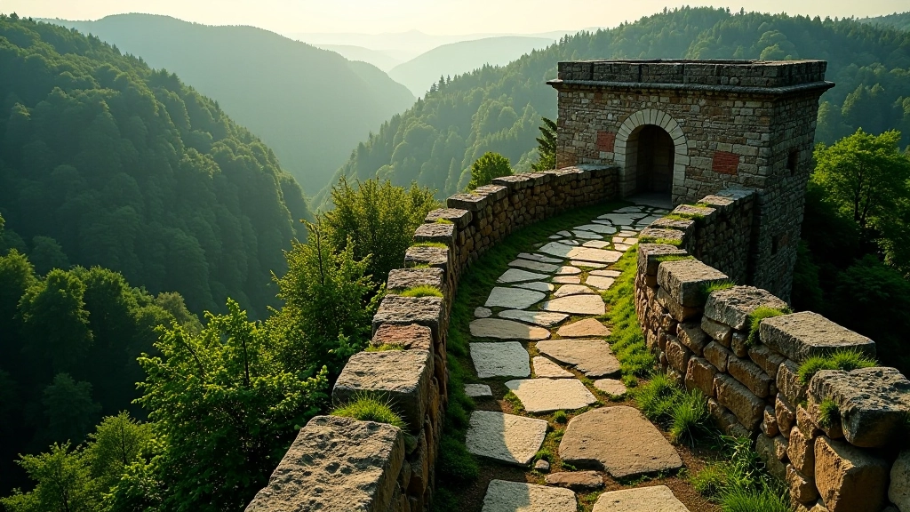 Stone steps of ancient castle ruins with green landscape stretching behind