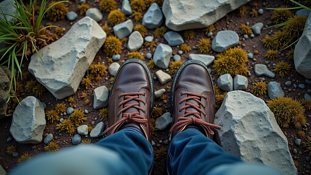 Sturdy hiking boots and trekking poles on stone surface