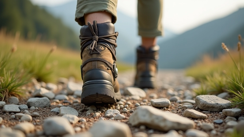 Close-up of hiking boots on rocky trail with proper ankle support visible