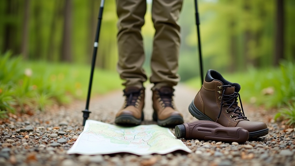 Hiking boots on gravel path with walking poles and map visible