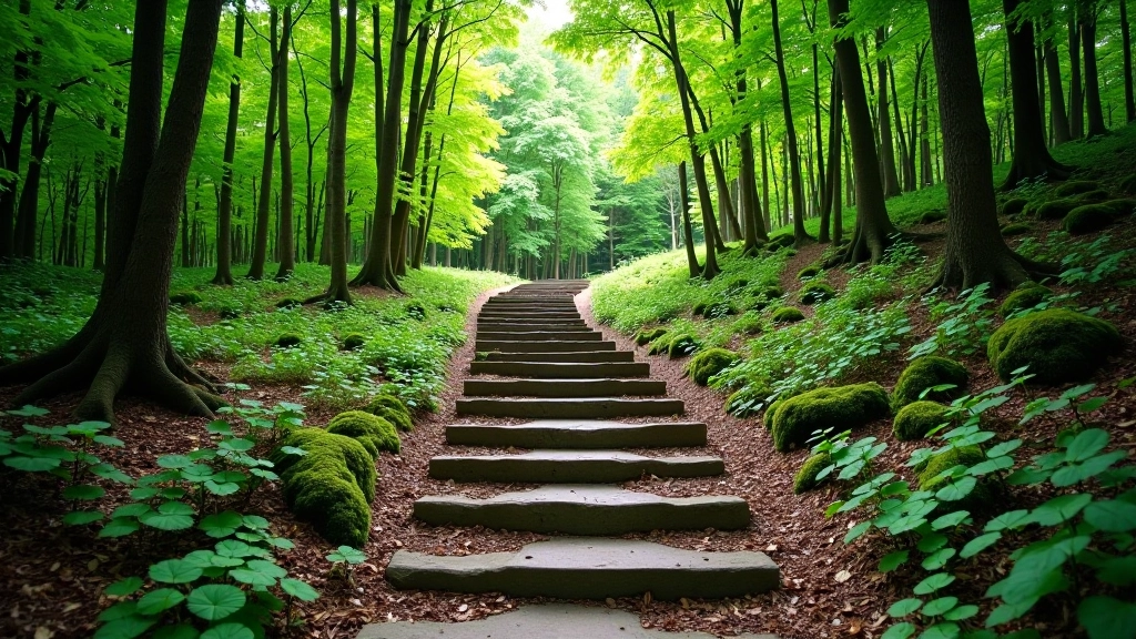 Stone pathway winding uphill through forest with established trail markers