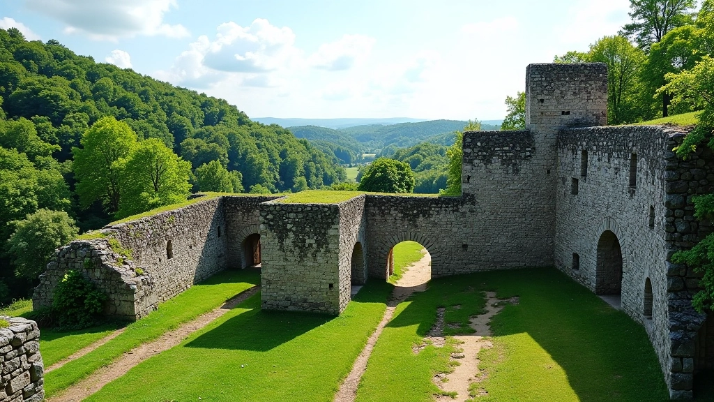 Ancient stone castle ruins with weathered walls and archways surrounded by lush green forest, peaceful historic site