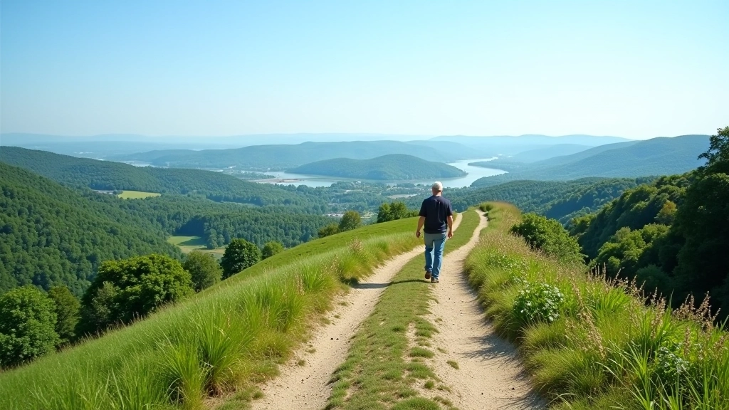 Scenic viewpoint overlooking green valleys and distant castle ruins from hilltop path