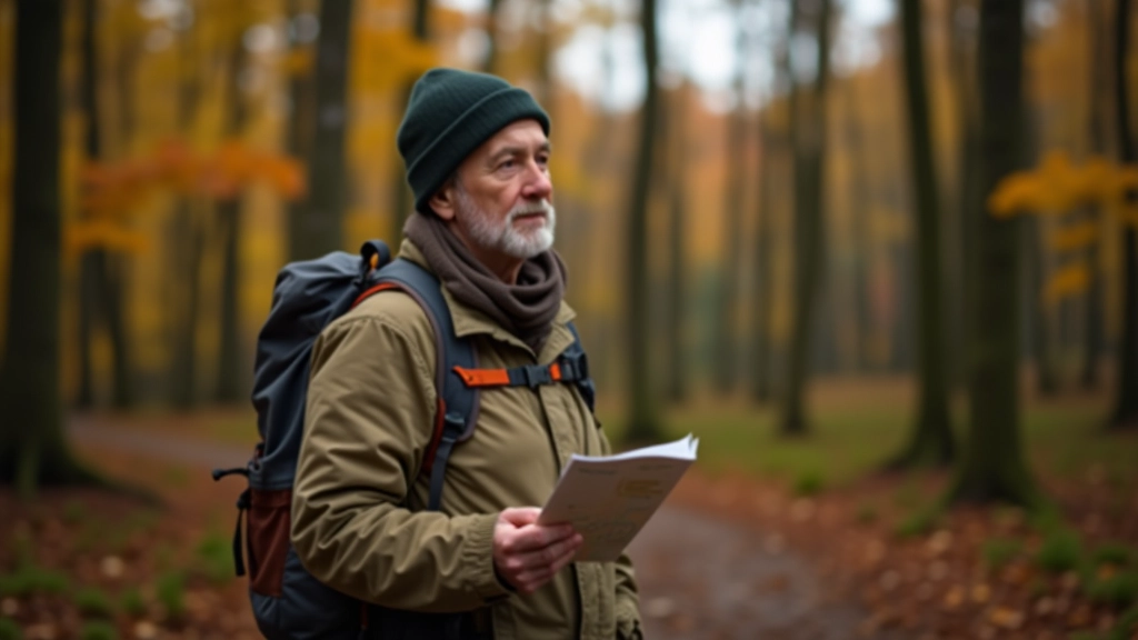 Hiker wearing layered clothing standing on forest trail looking at map