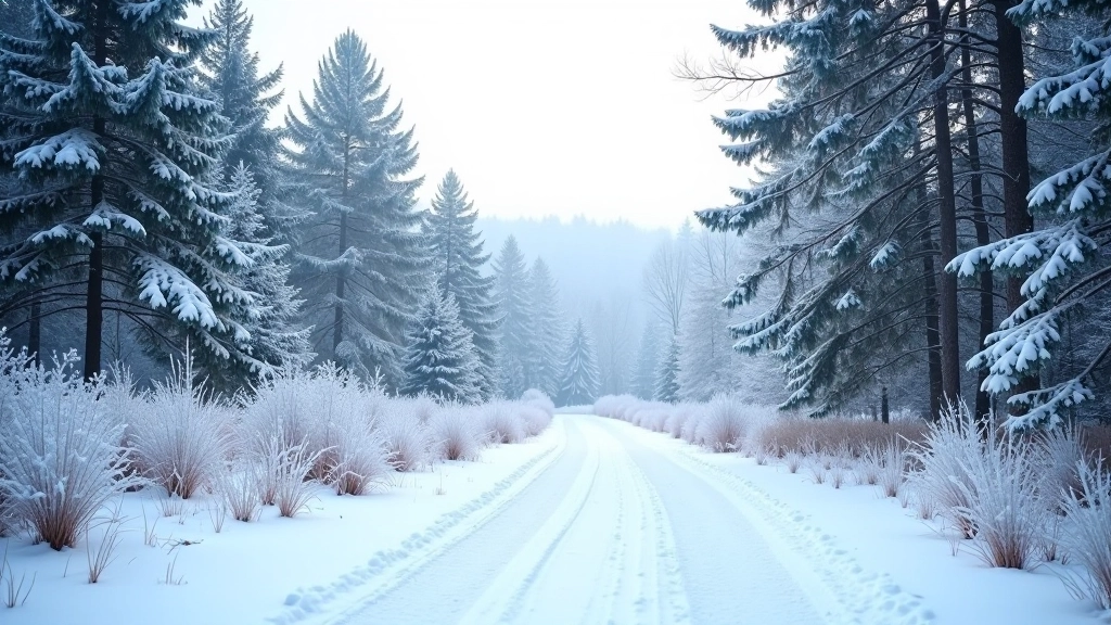 Snow-covered hiking trail winding through winter forest with frost on branches and evergreen trees