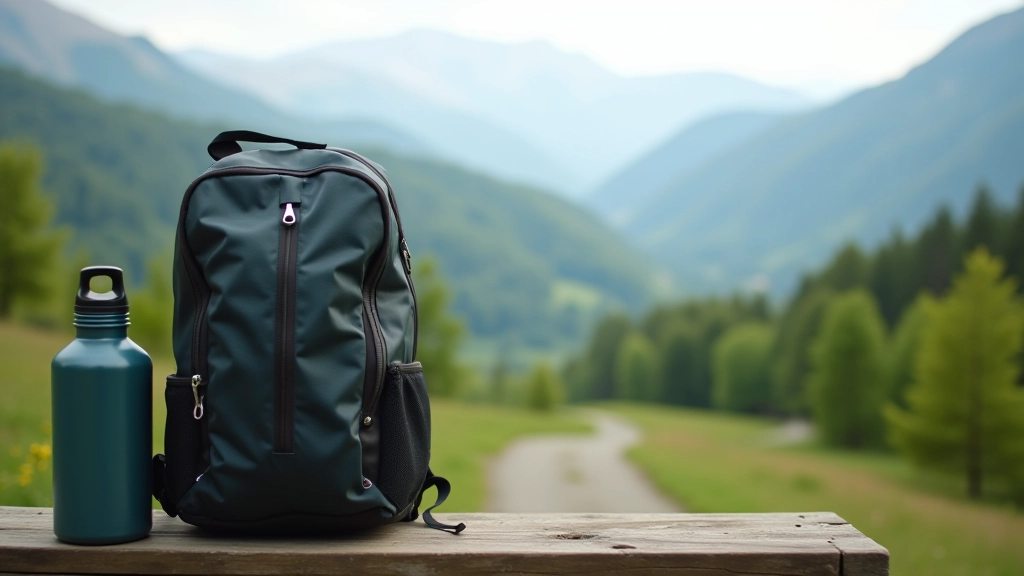Water bottle and hiking backpack on wooden bench overlooking valley
