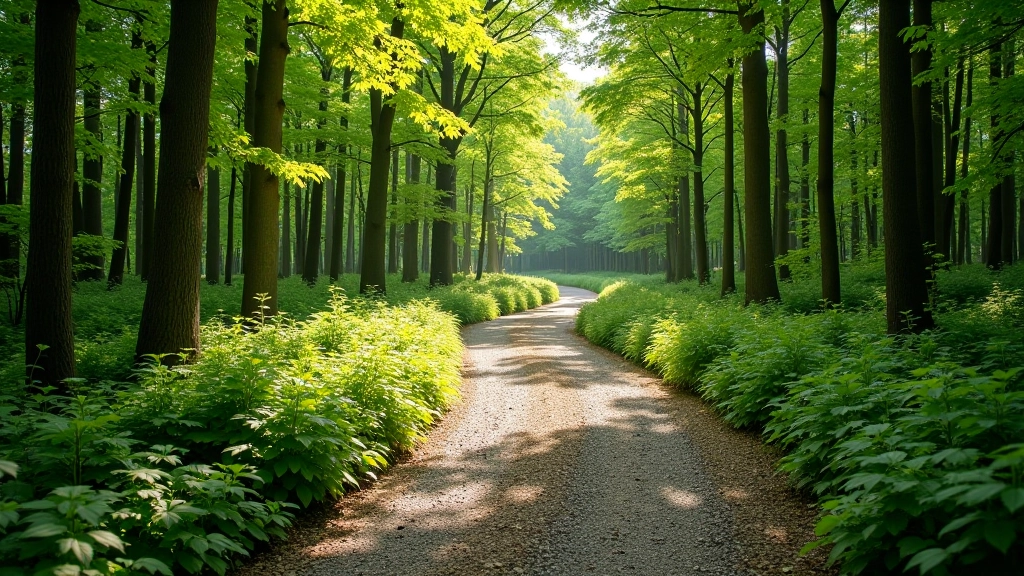 Winding gravel hiking trail through beech and oak forest with dappled sunlight on the path