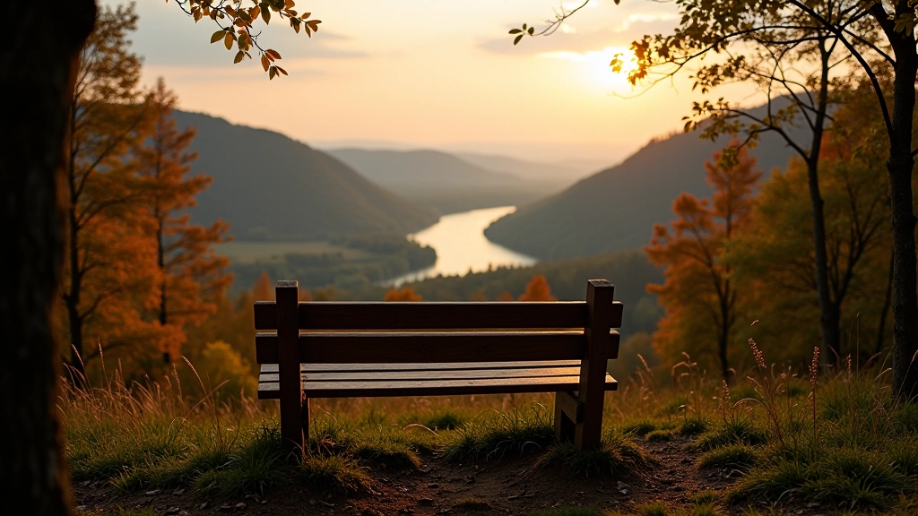 Wooden bench overlooking river valley with autumn trees