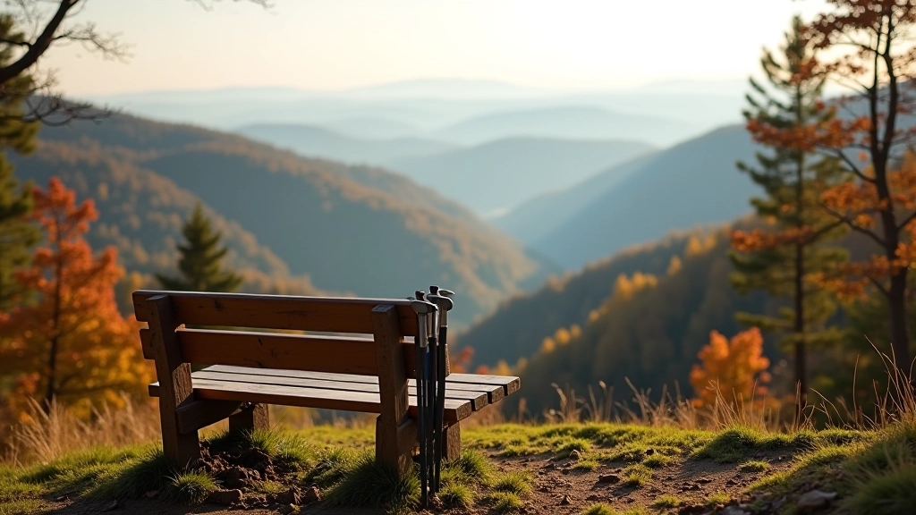 Walking poles leaning against wooden bench on hillside overlooking forested valley and castle